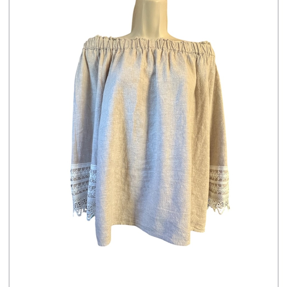Ella Rafaella Women's Large Linen Blend‎ Off  Shoulder 3/4 Sleeve Lace Trim Top